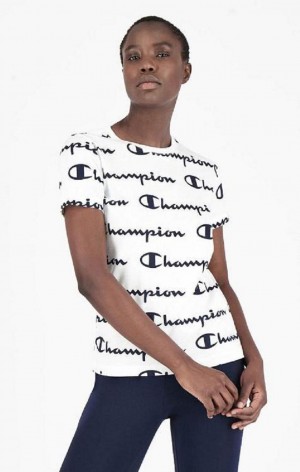 Champion All-Over Script Logo T-Shirt T-skjorte Dame Hvite | 3784-WECUL