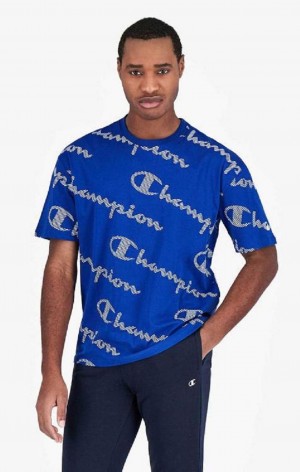 Champion All-Over Stripete Effect Script Logo T-Shirt T-skjorte Herre Blå | 0825-EJMHB