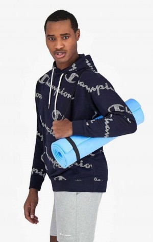 Champion All-Over Stripete Effect Script Logo Print Hoodie Hettegenser Herre Mørke Blå | 8216-VCXWD