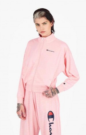 Champion All-over Script Logo Print Cropped Jacket Jakker Dame Rosa | 8647-XSQRA