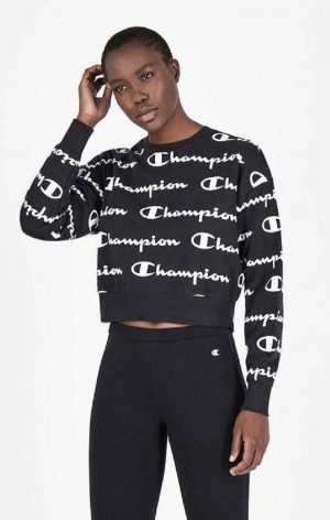 Champion All-over Script Logo Sweatshirt Gensere Dame Svarte | 1375-VNIDC