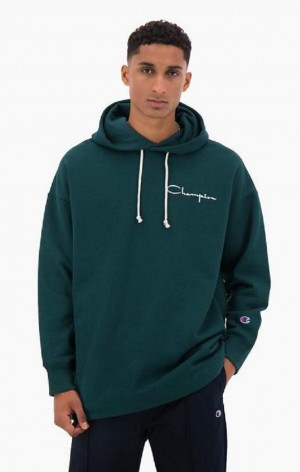 Champion Archive Script Logo Bomull Jersey Hoodie Hettegenser Herre Turkis Blå | 0328-KFPAW