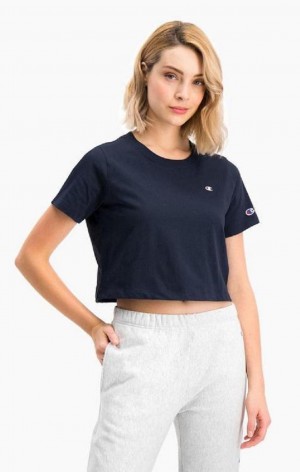 Champion C Logo Crew Neck Cropped T-Shirt T-skjorte Dame Mørke Blå | 9741-KFDTW