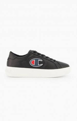 Champion C Logo Textured Lær Platform Trainers Joggesko Dame Svarte | 8725-HTGRF