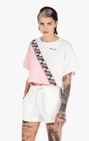 Champion Colour Block Jacquard Logo Tape T-Shirt T-skjorte Dame Rosa Hvite | 3257-KNOLI