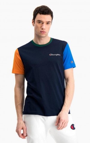 Champion Contrast Colour Block Sleeve T-Shirt T-skjorte Herre Mørke Blå | 4257-NPWIG