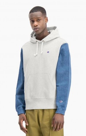 Champion Denim Sleeve Reverse Weave Hoodie Hettegenser Herre Lyse Grå | 7365-SQHET