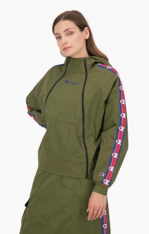 Champion Double Zip Logo Tape Utility Hette Jacket Hettegenser Dame Olivengrønne Grønn | 8964-JPEBG