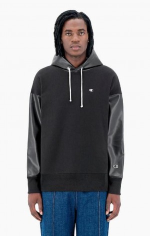 Champion Faux Lær Panel Reverse Weave Hoodie Hettegenser Herre Svarte | 7516-AZHVD