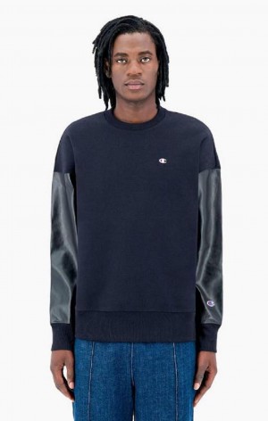 Champion Faux Lær Panel Reverse Weave Sweatshirt Gensere Herre Svarte | 0325-LRQVB