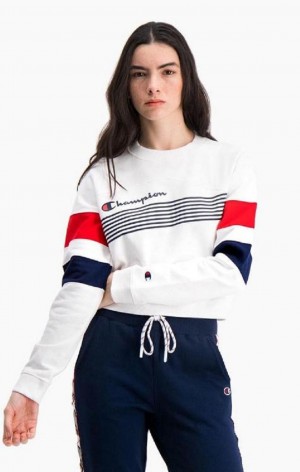 Champion Grafiske Stripe And Colour Block Cropped Sweatshirt Gensere Dame Hvite | 9742-KMWPA