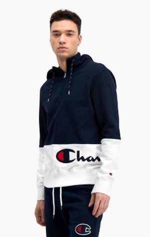 Champion Half Zip-Up Colour Block Hoodie Hettegenser Herre Mørke Turkis | 2301-TMVYO