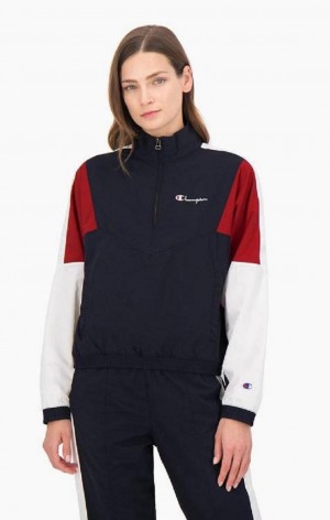 Champion Half Zip-Up Colour Block Track Jacket Jakker Dame Mørke Blå | 6308-FRNGQ