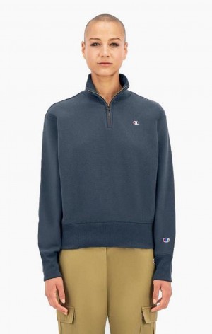 Champion Half Zip-Up Reverse Weave Cropped Sweatshirt Gensere Dame Mørke Turkis | 2973-DWJOG