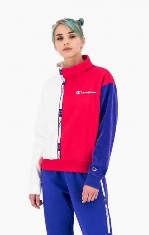 Champion High Neck Colour Block Retro Sweatshirt Gensere Dame Rød Hvite | 7821-TECDJ