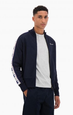 Champion Jacquard Logo Tape Zip-Up Jacket Jakker Herre Mørke Blå | 5270-CQKIS