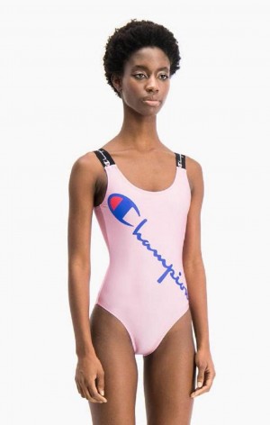 Champion Logo Straps Diagonal Script Logo Swimsuit Badetøy Dame Rosa | 2189-WGCHU