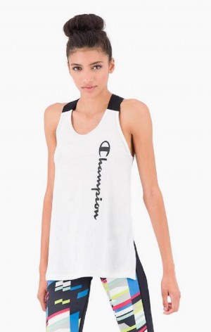 Champion Logo Tape Criss-Cross Back Jersey Tank Top T-skjorte Dame Hvite | 2046-TKGQV