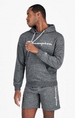 Champion Mesh Effect Script Logo Hoodie Hettegenser Herre Mørke Grå | 9472-DRAFU