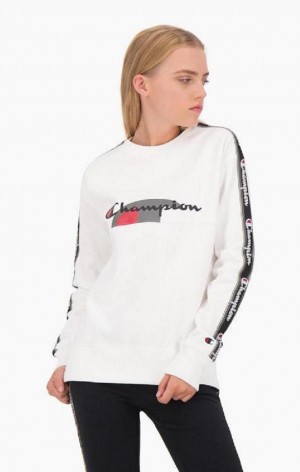 Champion Multi Logo Jacquard Tape Sweatshirt Gensere Dame Hvite | 8063-TFQVW