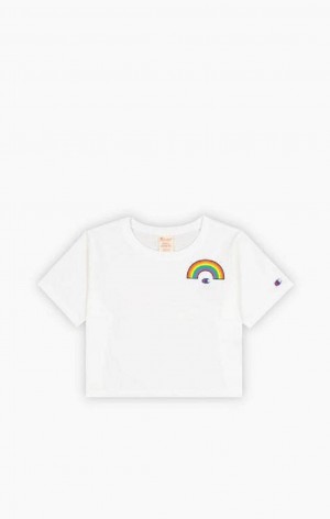 Champion PRIDE Crew Neck Cropped T-Shirt T-skjorte Dame Hvite | 0197-YZVRN