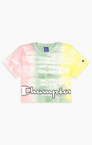 Champion Pastel Tie Dye Cropped Script Logo T-Shirt T-skjorte Dame Rosa Grønn | 7918-KJMFA