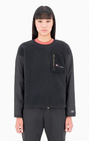 Champion Patchwork Velour + Fleece Sweatshirt Gensere Dame Svarte | 5014-PBNXR