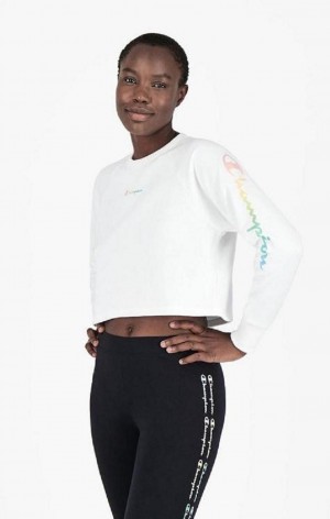 Champion Rainbow Script Logo Print Cropped Sweatshirt Gensere Dame Hvite | 9357-HNEMK