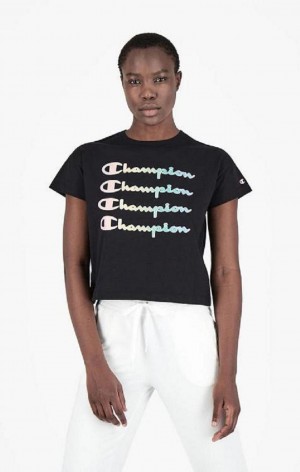 Champion Rainbow Script Logo Print T-Shirt T-skjorte Dame Svarte | 2617-EONJT