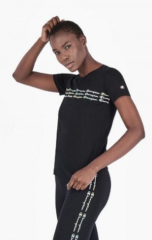 Champion Rainbow Script Logo Print T-Shirt T-skjorte Dame Svarte | 9601-UEQRJ