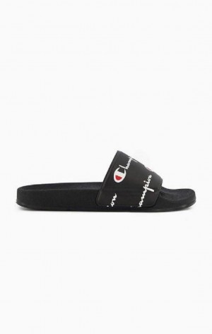 Champion Repeat Script Logo Print Pool Slides Badesandaler Dame Svarte | 2435-JRBDZ