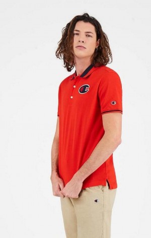 Champion Satin C Logo Polo Shirt T-skjorte Herre Rød | 9503-WDUNY