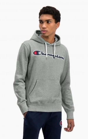 Champion Satin Script Logo Bomull Terry Hoodie Hettegenser Herre Mørke Grå | 6180-CDPFG