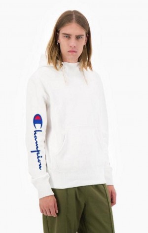 Champion Script Logo Arm Reverse Weave Hoodie Hettegenser Herre Hvite | 3658-RXNHB