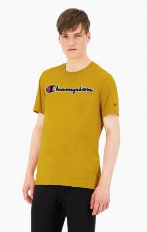 Champion Script Logo Crew Neck T-Shirt T-skjorte Herre Gull | 9748-NKCFO