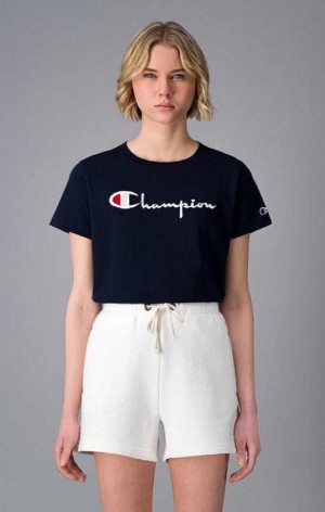 Champion Script Logo Crew Neck T-Shirt T-skjorte Dame Mørke Blå | 2180-ZQJTK