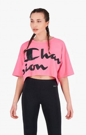 Champion Script Logo Cropped T-Shirt T-skjorte Dame Fuchsia | 8432-YRTGU