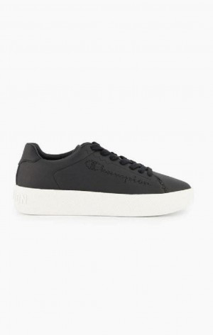 Champion Script Logo Faux Lær Platform Trainers Joggesko Dame Svarte | 0726-HBKCA