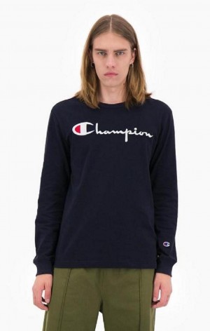 Champion Script Logo Jersey Sweatshirt Gensere Herre Mørke Blå | 3269-ZPCUG