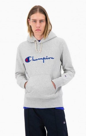 Champion Script Logo Reverse Weave Hoodie Hettegenser Herre Lyse Grå | 5287-YJZKI