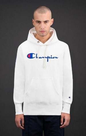 Champion Script Logo Reverse Weave Hoodie Hettegenser Herre Hvite | 7904-KBQIU