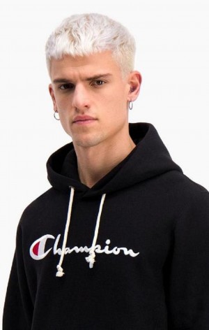 Champion Script Logo Reverse Weave Hoodie Hettegenser Herre Svarte | 0381-FZJKA