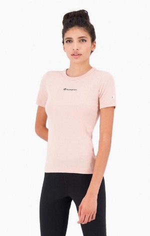 Champion Script Logo Ribbet Bomull T-Shirt T-skjorte Dame Rosa | 3029-JDPVG