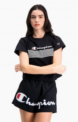 Champion Script Logo Stripe Curved Hem Cropped T-Shirt T-skjorte Dame Svarte | 7504-QJAYK