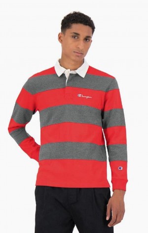 Champion Stripe Bomull Jersey Polo Shirt T-skjorte Herre Rød | 4325-TOXJQ