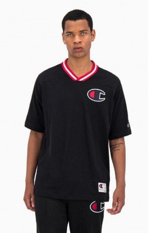 Champion Stripe Collar V Neck T-Shirt T-skjorte Herre Svarte | 8379-LHBTD