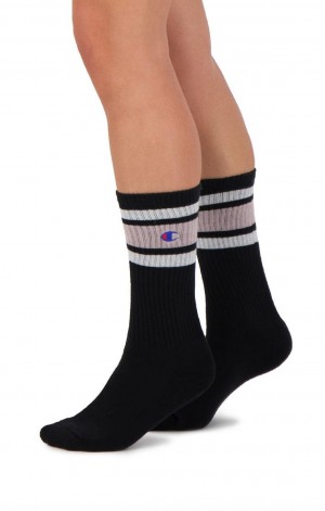 Champion Stripe Ribbet Crew Socks Sokker Dame Svarte Rosa | 2765-IYXKV