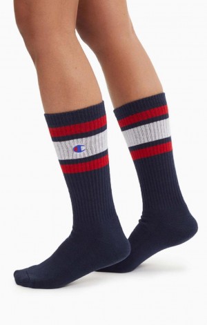 Champion Stripe Ribbet Crew Socks Sokker Herre Mørke Blå | 3976-FDGOA