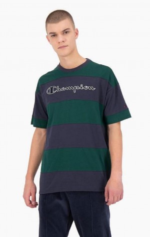 Champion Stripete Script Logo T-Shirt T-skjorte Herre Grønn | 4108-PNGXC