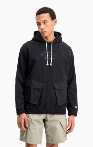 Champion Triple Script Logo Cargo Pocket Hoodie Hettegenser Herre Svarte | 5309-AJVGB